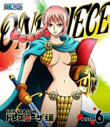 Rule 34 | 1girl, armor, bikini armor, braid, breasts, cape, cover, dressrosa, female focus, helmet, highres, large breasts, looking at viewer, one piece, pink hair, rebecca (one piece), serious, solo, sword, weapon