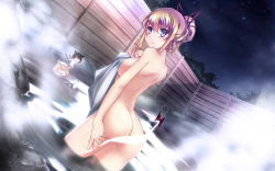 Rule 34 | 3girls, animal ears, ass, asskiler, cat ears, cat girl, cat tail, censored, chen, covering privates, dutch angle, female focus, fox ears, from behind, gap (touhou), multiple girls, multiple tails, novelty censor, nude, nude cover, onsen, same-sex bathing, shared bathing, steam, tail, touhou, towel, wallpaper, yakumo ran, yakumo yukari