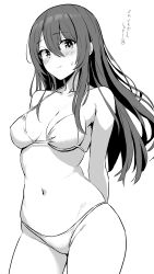 Rule 34 | 1girl, absurdres, bikini, blush, breasts, closed mouth, collarbone, commentary request, greyscale, hair between eyes, highres, idolmaster, idolmaster shiny colors, long hair, looking at viewer, medium breasts, metsu end, monochrome, navel, osaki tenka, simple background, solo, swimsuit, translation request, white background