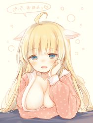 Rule 34 | 1girl, ahoge, blonde hair, blue eyes, blush, breast hold, breasts, head rest, cleavage, collarbone, garuta (yamucha), large breasts, long hair, long sleeves, looking at viewer, no bra, open mouth, original, pajamas, polka dot, solo, translated, yamucha