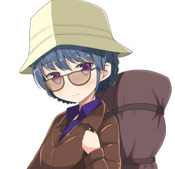Rule 34 | 1girl, aikawa ryou, blue hair, blush, braid, brown-framed eyewear, brown hat, brown jacket, closed mouth, collared shirt, commentary request, dress shirt, glasses, hair between eyes, hand up, hat, highres, holding strap, jacket, long sleeves, purple eyes, purple shirt, shima rin, shirt, simple background, smile, solo, upper body, white background, yurucamp