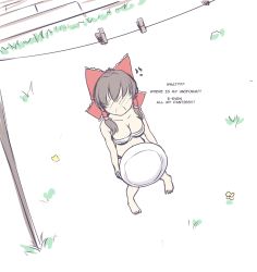 Rule 34 | 1girl, anger vein, bare arms, bare shoulders, barefoot, basket, blush, bow, breasts, brown hair, chest sarashi, cleavage, clothes pin, clothesline, collarbone, commentary, covering privates, embarrassed, english commentary, english text, feet, flat color, flower, frilled bow, frills, from above, fundoshi, grass, hair bow, hair tubes, hakurei reimu, hater (hatater), highres, holding, holding basket, japanese clothes, knees together feet apart, large breasts, navel, no eyes, nose blush, open mouth, red bow, sarashi, sidelocks, sketch, solo, stomach, toes, touhou, traditional clothes, underwear, underwear only, yellow flower