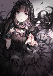Rule 34 | 1girl, black dress, black hair, black nails, blunt bangs, blurry, closed mouth, collar, depth of field, dress, feathers, finger to own chin, gothic lolita, grey eyes, hand up, imi fumei, light smile, lolita fashion, long hair, looking at viewer, nail polish, original, outstretched hand, solo