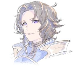Rule 34 | 1boy, armor, brown hair, commentary request, enkyo yuuichirou, granblue fantasy, highres, lancelot (granblue fantasy), looking at viewer, male focus, parted bangs, pauldrons, portrait, purple eyes, shoulder armor, simple background, smile, solo, white background