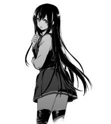 Rule 34 | 10s, 1girl, asashio (kancolle), bad id, bad twitter id, breasts, buttons, collared shirt, commentary request, cowboy shot, dress, greyscale, hair between eyes, kantai collection, lefthand, long hair, long sleeves, looking at viewer, monochrome, neck ribbon, open mouth, pinafore dress, ribbon, shaded face, shadow, shirt, simple background, skirt, sleeveless, sleeveless dress, solo, thighhighs, white background