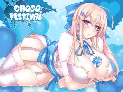 Rule 34 | 1girl, :o, ahoge, bad id, bad twitter id, between breasts, blonde hair, blue bow, blue eyes, blue ribbon, blush, bow, bracelet, breast hold, breasts, candy, capelet, chocolate, chocolate heart, choker, cleavage, covered erect nipples, detached collar, dress, earrings, elf, food, frilled choker, frills, garter straps, gift, hair bow, hair ornament, heart, heart background, heart earrings, heart hair ornament, heart tattoo, jewelry, large breasts, long hair, looking at viewer, lying, neck ribbon, on side, original, pointy ears, ribbon, sidelocks, solo, suzuneko (yume no kyoukai), sweat, tattoo, thighhighs, triangle mouth, twitter username, white thighhighs