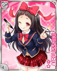 Rule 34 | 1girl, :q, black hair, blue jacket, bow, character name, closed mouth, girlfriend (kari), hair bow, holding, isshiki airu, jacket, long hair, official art, pen, pink background, plaid, plaid skirt, pointing, pointing to the side, qp:flapper, red bow, red eyes, red skirt, school uniform, shirt, skirt, smile, tagme, tongue, tongue out, vest, white shirt, yellow vest