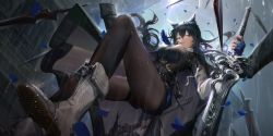 Rule 34 | 1girl, animal ears, arknights, black hair, black jacket, black pantyhose, black vest, blue gloves, blue necktie, blue shorts, boots, commentary, food, food in mouth, gloves, highres, holding, holding sword, holding weapon, jacket, jacket on shoulders, long hair, necktie, orange eyes, pantyhose, pantyhose under shorts, parted lips, pocky, rain, ren (gh), shirt, shorts, solo, sword, symbol-only commentary, tail, texas (arknights), texas the omertosa (arknights), vest, weapon, white footwear, white shirt, wolf ears, wolf tail
