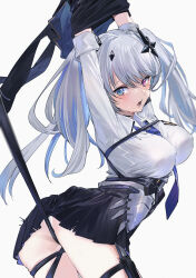 Rule 34 | 1girl, absurdres, armored skirt, arms behind head, arms up, black choker, black skirt, blue eyes, blue hair, blue necktie, breasts, chest harness, choker, collared shirt, cross, cross hair ornament, ga/ddd, grey hair, hair between eyes, hair ornament, harness, heterochromia, highres, inverted cross, jewelry, large breasts, long hair, long sleeves, looking at viewer, miniskirt, multicolored hair, necktie, neo-porte, pale skin, pink eyes, pleated skirt, school uniform, shirt, skirt, solo, tentei forte, thigh strap, twintails, virtual youtuber, white background, white shirt, wing collar