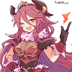 Rule 34 | 1girl, ;d, alonemistrist, armor, breasts, cleavage, dragalia lost, dragon girl, dragon horns, fang, gloves, hand on own hip, horns, index finger raised, large breasts, long bangs, long hair, looking at viewer, mym (dragalia lost), one eye closed, open mouth, red hair, short sleeves, shoulder armor, skin fang, smile, solo, upper body, very long hair, yellow eyes