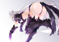 Rule 34 | 1girl, absurdres, animal ears, artist request, ass, atalanta (fate), atalanta alter (fate), black gloves, black panties, black thighhighs, breasts, fate/grand order, fate (series), fur, gloves, green eyes, highres, huge ass, leaning, leaning forward, long hair, looking at viewer, looking back, open mouth, panties, revealing clothes, shiny skin, silver hair, solo, thighhighs, underwear