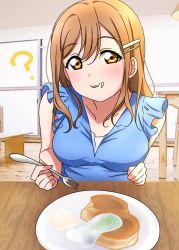 Rule 34 | 1girl, ?, artist name, artist request, blue dress, blush, bread, breasts, brown eyes, brown hair, chair, close-up, collarbone, dress, female focus, food, food on face, fork, frilled dress, frills, hair between eyes, hair ornament, hairclip, highres, holding, holding fork, indoors, kunikida hanamaru, light brown hair, long hair, looking at viewer, love live!, love live! school idol festival, love live! sunshine!!, medium breasts, on chair, parted lips, plate, sitting, sleeveless, sleeveless dress, smile, solo, table, upper body, window, yellow eyes