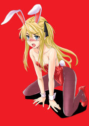 Rule 34 | 1girl, animal ears, blonde hair, blue eyes, blush, debaiso, face, fake animal ears, female focus, fishnet pantyhose, fishnets, kneeling, leotard, lips, pantyhose, playboy bunny, quiz magic academy, rabbit ears, rabbit tail, shalon, solo, tail, tongue, twintails, two side up