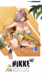 Rule 34 | 1girl, ahoge, anis (nikke), anis (sparkling summer) (nikke), bare shoulders, bikini, black socks, breasts, cat hair ornament, collarbone, copyright name, curvy, english text, eyepatch bikini, eyewear on head, feet, foreshortening, goddess of victory: nikke, grid background, gun, hair ornament, highres, holding, holding gun, holding weapon, jacket, jewelry, large breasts, light brown hair, long sleeves, looking to the side, medium hair, nail polish, no shoes, official alternate costume, official art, open clothes, open jacket, pink-tinted eyewear, seashell, shell, shiny skin, side-tie bikini bottom, skindentation, socks, squatting, stirrup legwear, sunglasses, swimsuit, thighs, thong, thong bikini, tinted eyewear, toeless legwear, toenail polish, toenails, toes, underboob, weapon, white bikini, wide hips, xi xeong, yellow nails, zoom layer