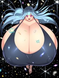 Rule 34 | 1girl, blue hair, breasts, cleavage, collarbone, commission, covered erect nipples, dot nose, female focus, floating, floating hair, full body, galaxy, giant, giantess, gigantic breasts, highres, impossibly large breasts, kloah, long hair, nipples, one-piece swimsuit, open mouth, pink eyes, planet, smile, solo, space, star (sky), swimsuit