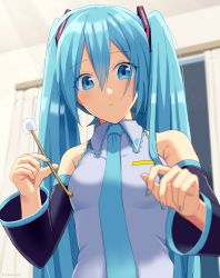 Rule 34 | 1girl, aqua eyes, aqua hair, aqua nails, aqua necktie, bare shoulders, black sleeves, blurry, blurry background, blurry foreground, blush, collar, commentary, curtains, depth of field, detached sleeves, expressionless, frilled collar, frills, grey shirt, hair ornament, hatsune miku, highres, holding, indoors, light blush, long hair, looking at viewer, mimikaki, nail polish, necktie, night, night sky, nightgown, nokuhashi, room, shirt, shoulder tattoo, sky, sleeveless, sleeveless shirt, solo, sweat, tattoo, twintails, upper body, very long hair, vocaloid, window
