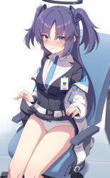 Rule 34 | 1girl, belt, blue archive, blue necktie, blush, breasts, chair, clothes lift, collared shirt, formal, frown, furrowed brow, halo, highres, holding, holding clothes, holding skirt, id card, jacket, kamuchin soda, lifted by self, long hair, long sleeves, looking at viewer, medium breasts, miniskirt, necktie, off shoulder, office chair, open clothes, open jacket, panties, parted bangs, pleated skirt, purple eyes, purple hair, shirt, sidelocks, simple background, skirt, skirt lift, solo, suit, swivel chair, thighs, two-sided fabric, two-sided jacket, two side up, underwear, upskirt, white background, white belt, white panties, white shirt, yuuka (blue archive)