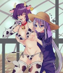 Rule 34 | 2girls, :&lt;, absurdres, alternate hairstyle, animal ears, animal print, areola slip, asahina mafuyu, barn, bell, bikini, blue eyes, blush, grabbing another&#039;s breast, breasts, closed mouth, collar, cow ears, cow horns, cow print, cow tail, cowbell, ear tag, elbow gloves, flying sweatdrops, gloves, grabbing, grabbing from behind, groin, groping, hair between eyes, hat, highres, horns, jacket, large breasts, long hair, looking at another, lowleg, lowleg bikini, mafuyusdil, multiple girls, navel, neck bell, official alternate hairstyle, one eye closed, open mouth, outdoors, pants, project sekai, purple hair, red collar, short hair, side-tie bikini bottom, sidelocks, sleeves pushed up, standing, stomach, straw hat, swimsuit, tail, thighhighs, track jacket, track pants, track suit, trembling, very long hair, white hair, yoisaki kanade, yuri