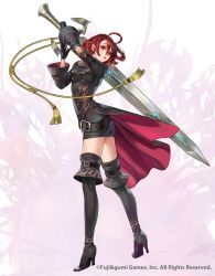 1girl absurdres ahoge balmung_(phantom_of_the_kill) belt black_belt black_cloak black_dress black_footwear black_gloves boots braid cloak dress from_side gloves highres holding holding_sword holding_weapon huge_weapon long_sleeves official_alternate_costume official_art phantom_of_the_kill red_cloak red_eyes red_hair short_hair solo sword tassel thigh_boots thighs two-sided_cloak two-sided_fabric weapon