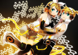 Rule 34 | 1boy, 1girl, aqua eyes, bad id, bad pixiv id, blonde hair, brother and sister, buzz (moi), detached sleeves, elbow gloves, fingerless gloves, gloves, hair ornament, hair ribbon, hairclip, hexagon, kagamine len, kagamine len (append), kagamine rin, kagamine rin (append), ribbon, short hair, shorts, siblings, twins, vocaloid, vocaloid append