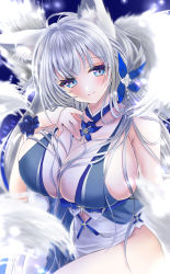 Rule 34 | 1girl, animal ear fluff, animal ears, azur lane, blue collar, blue dress, blue eyes, blue flower, breasts, center opening, collar, detached collar, dress, evening gown, feather boa, flower, fox ears, grey hair, halter dress, halterneck, head tilt, highres, huge breasts, kitsune, kyuubi, large tail, looking at viewer, moha2sayuna, multiple tails, official alternate costume, shinano (azur lane), shinano (dreams of the hazy moon) (azur lane), solo, tail, thighs, white tail, wrist flower