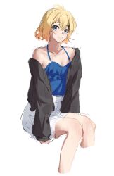Rule 34 | 1girl, absurdres, bad id, bad twitter id, black jacket, blonde hair, blue camisole, blue eyes, camisole, commentary request, cropped legs, crossed bangs, frilled camisole, frills, hair between eyes, highres, jacket, kanojo okarishimasu, looking at viewer, mimori manato, nanami mami, off shoulder, short hair, simple background, sitting, sketch, skirt, smile, solo, white background, white skirt