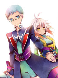Rule 34 | 1boy, 1girl, ahoge, bad id, bad pixiv id, blue eyes, blue hair, blue shirt, brown hair, coat, glasses, gradient hair, hubert ozwell, multicolored hair, ootani mikoto, pascal (tales), pascal (tales), shirt, short hair, smile, tales of (series), tales of graces, uniform, white background, white hair, yellow eyes