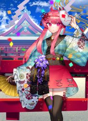 Rule 34 | 1girl, absurdres, architecture, black thighhighs, blue kimono, blush, building, circle, cloud, commentary, day, east asian architecture, feet out of frame, floral print, flower, fox mask, hand fan, hand up, hata no kokoro, highres, holding, holding fan, japanese clothes, kanou (natsuno0223), kimono, lavender (flower), long hair, looking at viewer, mask, mask on head, open mouth, pink eyes, pink hair, pink skirt, plaid kimono, purple flower, shrine, sidelocks, skirt, sky, solo, split mouth, star (symbol), thighhighs, touhou, triangle