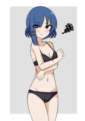 Rule 34 | 1girl, absurdres, black bra, black panties, blue hair, blush, bob cut, bocchi the rock!, bow, bow bra, bow panties, bra, breasts, cleavage, closed mouth, commentary, covering breasts, covering privates, cowboy shot, frown, grey background, groin, hair ornament, hairclip, highres, lace, lace-trimmed bra, lace-trimmed panties, lace trim, looking at viewer, medium breasts, mole, mole under eye, motti (motthi0711), navel, panties, short hair, simple background, solo, squiggle, standing, sweatdrop, underwear, underwear only, yamada ryo, yellow eyes