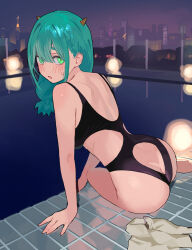 Rule 34 | 1girl, arm support, ass, bare legs, barefoot, black one-piece swimsuit, blush, breasts, butt crack, city, clothing cutout, commentary, green eyes, green hair, highres, horns, long hair, looking at viewer, looking back, low-tied long hair, medium breasts, nahia (some1else45), one-piece swimsuit, oni horns, original, outdoors, pool, poolside, side cutout, sitting, solo, some1else45, sweatdrop, swimsuit, yokozuwari