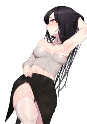 Rule 34 | 1girl, absurdres, arm behind head, arm up, armpits, bare shoulders, black hair, black skirt, blush, breasts, clothes lift, collarbone, crop top, dutch angle, hair spread out, highres, lifting own clothes, long hair, looking at viewer, lying, medium breasts, midriff, on side, original, panties, panty peek, parted bangs, parted lips, profile, purple eyes, rubyaano (ducl323), shiny clothes, shiny legwear, shiny skin, simple background, single sleeve, skindentation, skirt, skirt lift, solo, strapless, thighhighs, tube top, underwear, white thighhighs