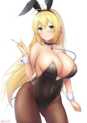 Rule 34 | 1girl, ahoge, animal ears, bare shoulders, black collar, black headwear, black leotard, blonde hair, blush, breasts, chain, cleavage, closed mouth, collar, collarbone, commentary, contrapposto, covered erect nipples, covered navel, cowboy shot, curled fingers, fake animal ears, green eyes, hair between eyes, hair ornament, highleg, highleg leotard, highres, huge breasts, index finger raised, kokonoe misui, large breasts, legs apart, leotard, long hair, looking at viewer, pantyhose, playboy bunny, shadow, simple background, smile, solo, split mouth, strapless, strapless leotard, thighs, tsurumaki maki, voiceroid, white background, wrist cuffs