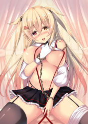 Rule 34 | 1girl, asymmetrical legwear, black skirt, black thighhighs, blonde hair, bouncing breasts, breasts, brown eyes, censored, chain, curtains, frilled skirt, frills, garter straps, girl on top, gloves, hair flaps, hair ornament, hairclip, heart, heterochromia, highres, indoors, jewelry, kantai collection, large breasts, long hair, murasame (kancolle), pleated skirt, purunyara, red eyes, remodel (kantai collection), ring, single glove, skirt, solo, solo focus, thighhighs, topless, uneven legwear, very long hair, wedding band, white gloves