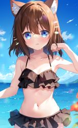 Rule 34 | 1girl, animal ear fluff, animal ears, bare arms, bare shoulders, bikini, black bikini, blue eyes, blue sky, blush, brown hair, cat ears, cloud, collarbone, copyright request, day, flower, frilled bikini, frills, hair between eyes, hand up, looking at viewer, mountain, nanamomo rio, navel, outdoors, parted lips, red flower, sky, solo, swimsuit, water