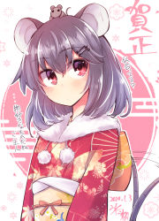 Rule 34 | 1girl, animal, animal ears, animal on head, artist name, blush, chinese zodiac, commentary request, dated, dowsing rod, egasumi, flower, grey hair, hair ornament, hairclip, highres, hikawa shou, japanese clothes, kimono, looking at viewer, medium hair, mouse (animal), mouse ears, mouse on head, mouse tail, nazrin, on head, red eyes, red kimono, solo, tail, tail wagging, touhou, translation request, upper body, white background, year of the rat