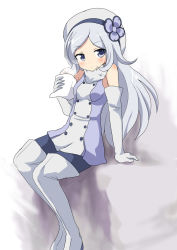 Rule 34 | 10s, 1girl, aila jyrkiainen, baozi, bare shoulders, beret, blue eyes, blush, boots, breasts, elbow gloves, food, gloves, gundam, gundam build fighters, hat, long hair, massala, pantyhose, silver hair, solo, thigh boots, thighhighs