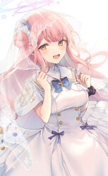 Rule 34 | 1girl, blue archive, blush, breasts, bridal veil, capelet, dress, floating hair, hair bun, halo, highres, looking at viewer, medium breasts, mika (blue archive), pink hair, scrunchie, shiidap, simple background, single side bun, smile, solo, veil, white background, white capelet, white dress, wrist scrunchie, yellow eyes