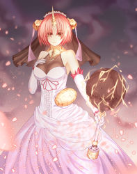 Rule 34 | 1girl, absurdres, breasts, brown eyes, cleavage, elbow gloves, fate/apocrypha, fate/grand order, fate (series), frankenstein&#039;s monster (fate), gloves, highres, horns, large breasts, looking at viewer, petals, pink hair, see-through, see-through cleavage, short hair, single horn, solo, white gloves, yagyun