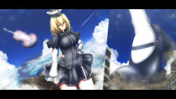 Rule 34 | 1girl, bad id, bad nicoseiga id, blonde hair, destruction, giant, giantess, hat, highres, instrument, letterboxed, lunasa prismriver, mountain, neva, solo, touhou, violin, yellow eyes
