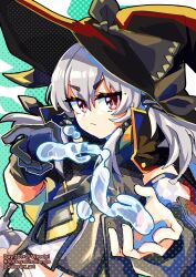 Rule 34 | 1girl, arknights, black gloves, black hat, closed mouth, commentary request, detached sleeves, gloves, grey gloves, grey hair, hat, highres, long hair, long sleeves, looking at viewer, puffy long sleeves, puffy sleeves, red eyes, short eyebrows, single glove, sleepyowl (jobkung15), solo, thick eyebrows, twitter username, upper body, v-shaped eyebrows, weedy (arknights), witch hat