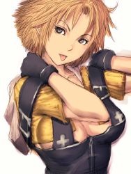 Rule 34 | 00s, 1girl, :p, blonde hair, breasts, cross, final fantasy, final fantasy x, fumio (rsqkr), gender request, genderswap, grey eyes, large breasts, solo, square enix, tidus, tongue, tongue out, undershirt