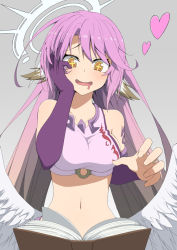 Rule 34 | 1girl, arm tattoo, bare shoulders, blush, book, breasts, bridal gauntlets, collarbone, spiked halo, crop top, drooling, elbow gloves, feathered wings, foreshortening, gloves, grey background, grey hair, hair between eyes, halo, hand on own cheek, hand on own face, heart, jibril (no game no life), long hair, looking at viewer, low wings, medium breasts, multicolored eyes, multicolored hair, navel, no game no life, open book, open mouth, orange eyes, pink hair, purple gloves, salpin, single bridal gauntlet, smile, solo, symbol-shaped pupils, tattoo, tongue, upper body, very long hair, wings, yellow eyes