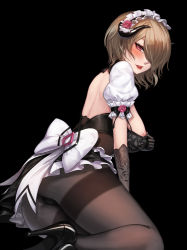 Rule 34 | 1girl, areola slip, ass, bad id, bad pixiv id, black background, black footwear, black gloves, blush, breasts, clothes tug, dress, fang, flower, frills, gloves, hair over one eye, high heels, highres, honkai (series), honkai impact 3rd, horns, kibellin, large breasts, looking at viewer, looking back, maid, maid headdress, open mouth, pantyhose, puffy short sleeves, puffy sleeves, red eyes, red flower, red lips, red rose, rita rossweisse, rita rossweisse (umbral rose), rose, seductive smile, short hair, short sleeves, sideboob, sidelocks, sitting, smile, solo, thighband pantyhose, tongue, tongue out
