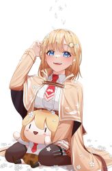 Rule 34 | 1girl, absurdres, black thighhighs, blonde hair, blue eyes, bob cut, brown capelet, brown coat, capelet, coat, collared shirt, commentary, english commentary, flower, gwaeng-i-bap (oxalis 2ho), hair ornament, highres, holding, holding stuffed toy, hololive, hololive english, kneeling, looking at viewer, necktie, open mouth, red necktie, shirt, short hair, short necktie, simple background, smile, smol ame, solo, stuffed toy, syringe holster, teeth, thigh strap, thighhighs, upper teeth only, virtual youtuber, watson amelia, white background, white shirt