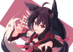 Rule 34 | 1girl, absurdres, ahoge, animal ear fluff, animal ears, bad id, bad twitter id, black hair, black hoodie, bow, braid, breasts, commentary request, detached sleeves, earrings, food, food in mouth, fox ears, fox girl, fox shadow puppet, fox tail, grin, hair between eyes, hair bow, highres, hololive, hood, hoodie, jewelry, kurokami fubuki, long hair, looking at viewer, neckerchief, pentagram, pocky, red bow, red eyes, red neckerchief, shishamope, sidelocks, simple background, single braid, small breasts, smile, solo, tail, virtual youtuber, white background