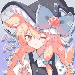 Rule 34 | 1girl, animal ears, black hat, black vest, blonde hair, blue bow, blue nails, blush, bow, closed mouth, collared shirt, fingernails, hair between eyes, hat, hat bow, highres, kemonomimi mode, kirisame marisa, long hair, nail polish, one eye closed, revision, shirocha tei, shirt, solo, tail, touhou, twitter username, upper body, vest, white shirt, witch hat, yellow eyes