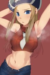 Rule 34 | 1girl, absurdres, armpits, arms up, blonde hair, blue eyes, blue pants, cheeso art, commentary, cropped shirt, denim, elizabeth thompson, english commentary, hat, highres, jeans, long hair, looking at viewer, midriff, navel, necktie, pants, parted lips, raised eyebrow, red background, red shirt, shirt, short necktie, simple background, sleeveless, sleeveless shirt, solo, soul eater, steaming body, sweat, turtleneck, white necktie