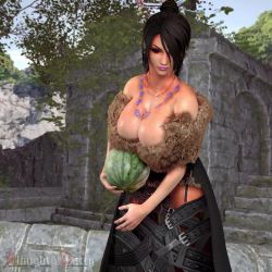 Rule 34 | 1girl, 3d, almightypatty, animated, black hair, bouncing breasts, breasts, brown eyes, cleavage, clothes, collar, dress, ear piercing, female focus, final fantasy, final fantasy x, food, fruit, hair bun, hair ornament, hair over one eye, hair stick, huge breasts, jewelry, leaning forward, lipstick, long hair, looking at viewer, lulu (ff10), makeup, necklace, piercing, purple lips, single hair bun, solo, square enix, watermelon, video
