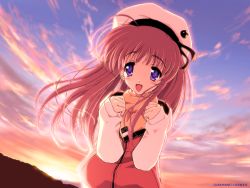 Rule 34 | 00s, 1girl, :d, ahoge, aio momiji, akiho momiji, backlighting, beret, black ribbon, blush, bow, cat, clenched hands, cloud, company name, facing viewer, floating hair, full-length zipper, game cg, hair bow, hands up, happy, hat, hat ribbon, highres, hill, jacket, long hair, long sleeves, looking at viewer, maple colors, open mouth, outdoors, pink hair, purple eyes, raglan sleeves, red hair, ribbon, scarf, sidelocks, sky, sleeves past wrists, smile, solo, standing, straight hair, sun, sunset, toma (asagayatei), track jacket, twilight, upper body, vest, wallpaper, watermark, white hat, yellow scarf, zipper