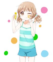 Rule 34 | 1girl, blonde hair, body writing, drawing on another&#039;s face, fang, flat chest, one eye closed, oomuro sakurako, short twintails, shorts, tank top, twintails, yuru yuri